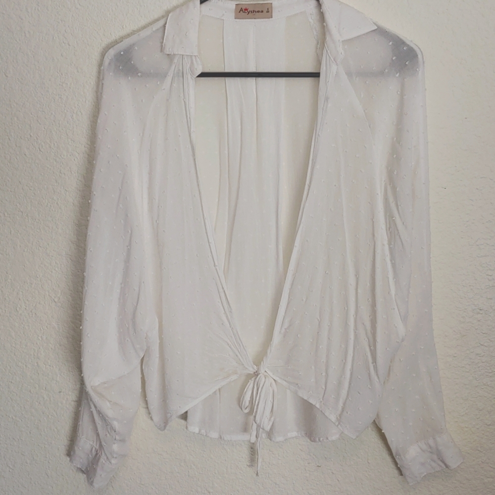 Alythea small white long sleeve tye front blouse/cover-up.